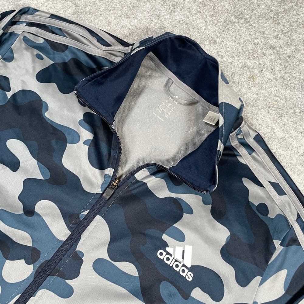 Adidas Mens Track Jacket XL Blue Gray Camo Full Zip Three Stripe AJ2079